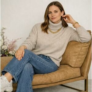 VERONICA BEARD 100% Cashmere Turtleneck Sweater Heather Oatmeal Cream Sz S {R40}